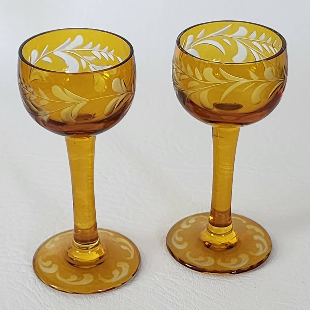Set of 2 Amber Gold Cut to Clear Glass Liquor Cordial Glasses